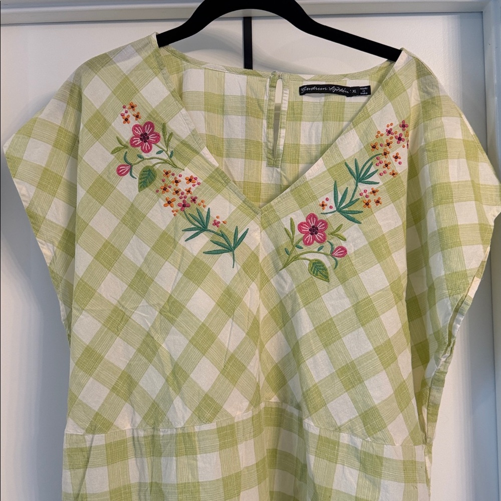 Gudrun Sjoden Light Green Gingham Midi Dress with Floral Embroidery - Picture 3 of 4
